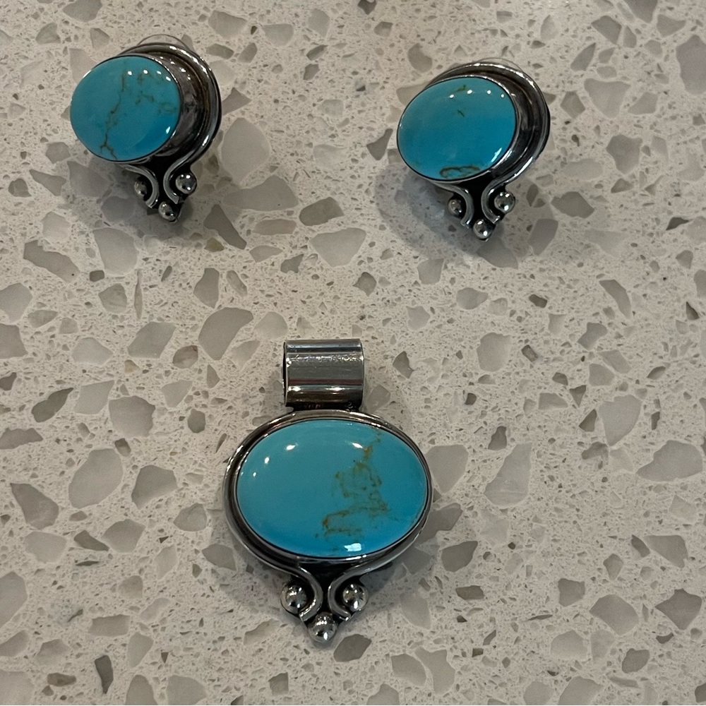 Turquoise-Sterling Silver Pendant and Earring Set